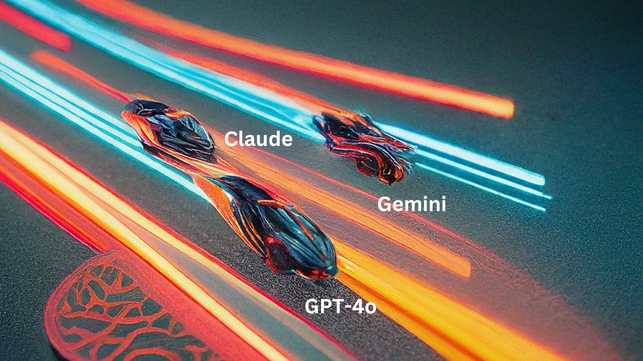 Image of three race cards on a lighted track. One car is labeled GPT-4o, another is Gemini and the third is Claude.