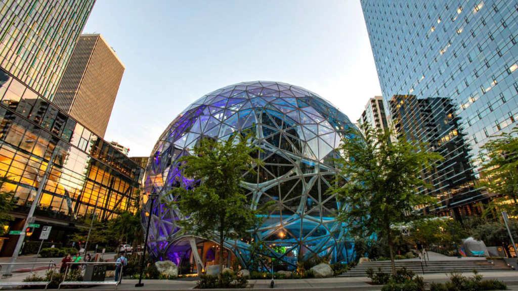 Amazon Spheres with surrounding buildings.