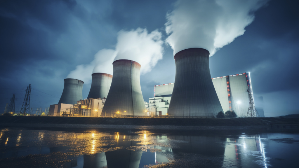 Night view of nuclear power plant