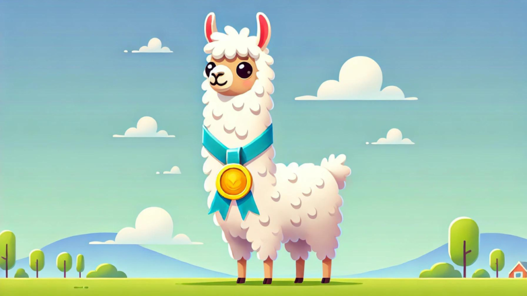 A white llama wearing a blue ribbon.