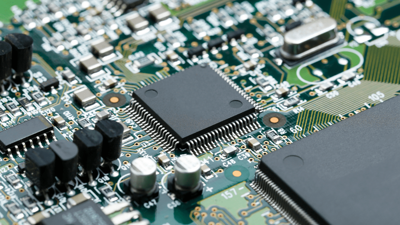 Closeup of a circuit board with chips.