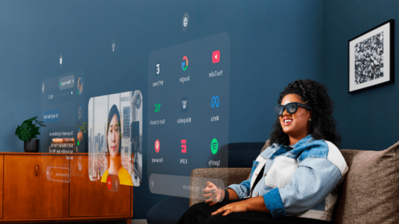 Woman wearing AR glasses interacting with apps.
