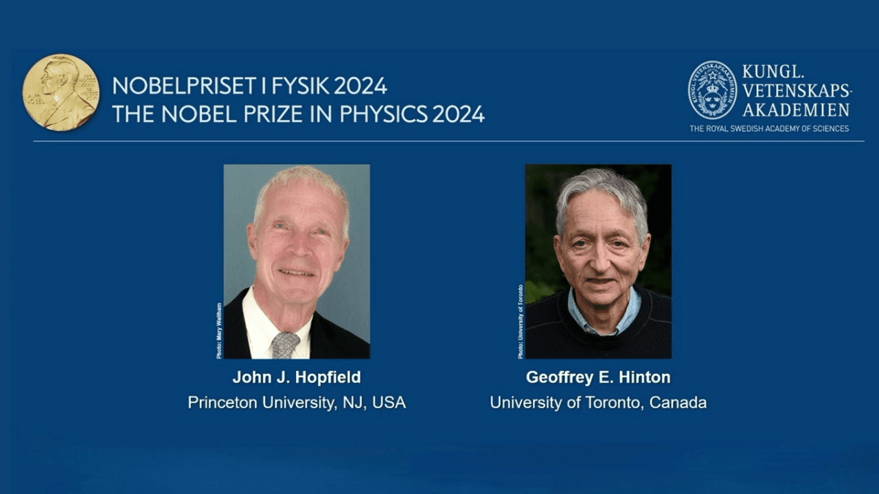 Photos of John Hopfield and Geoffrey Hinton, who received the Nobel Prize in Physics