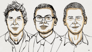 Images of three Nobel Prize winners: David Baker, Demis Hassabis and John Jumper.