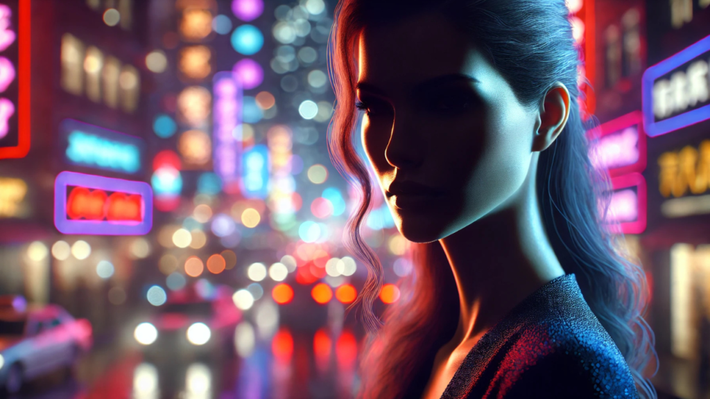 Image of a woman in a city at night, with bright lights behind her