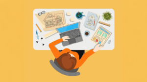 illustration of a woman working at her desk