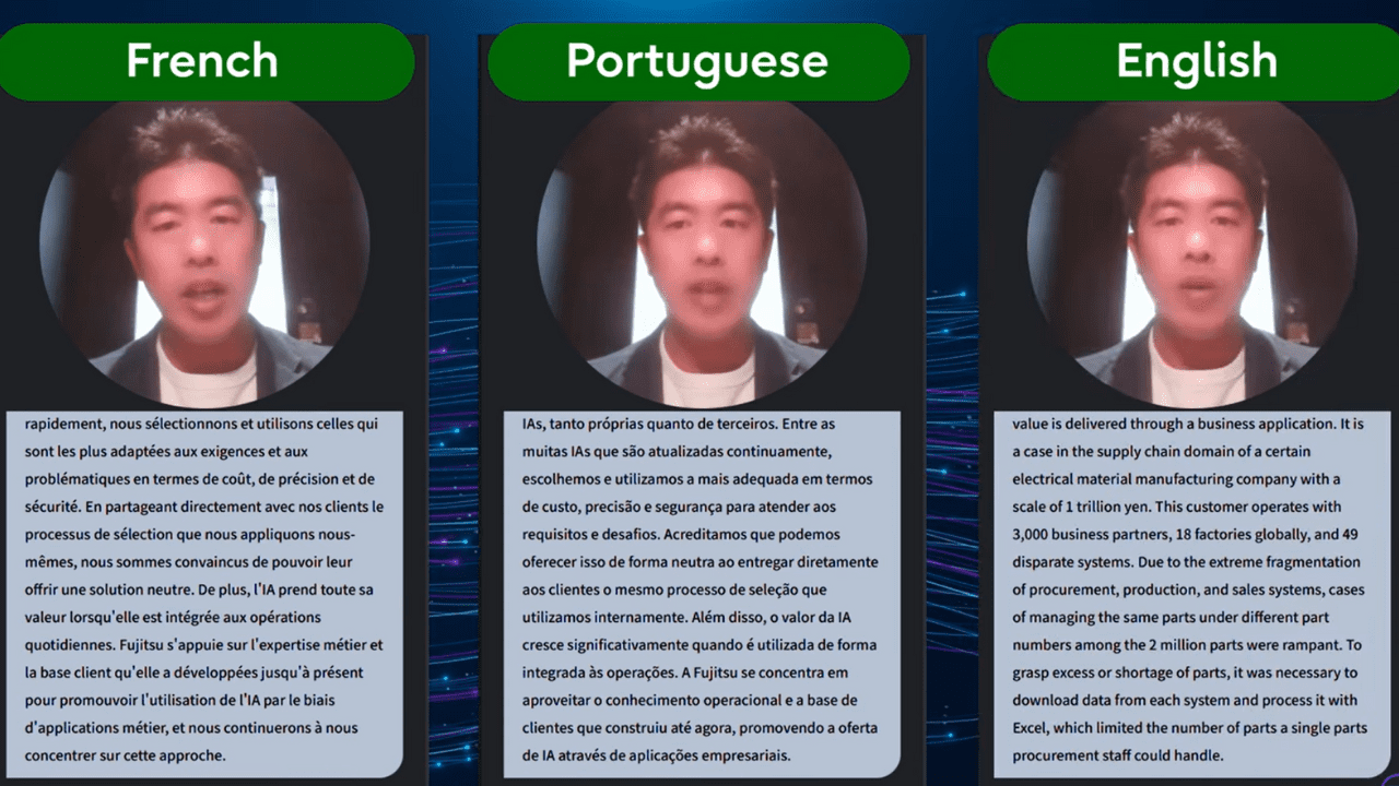 Three AI avatars speaking different languages