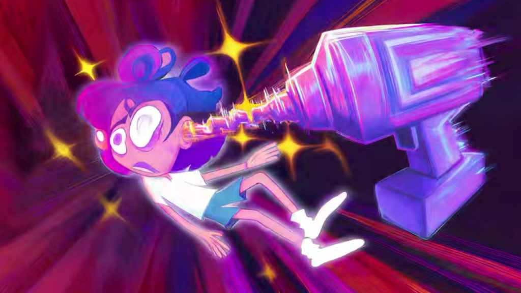 Cartoon of a young woman and a drill