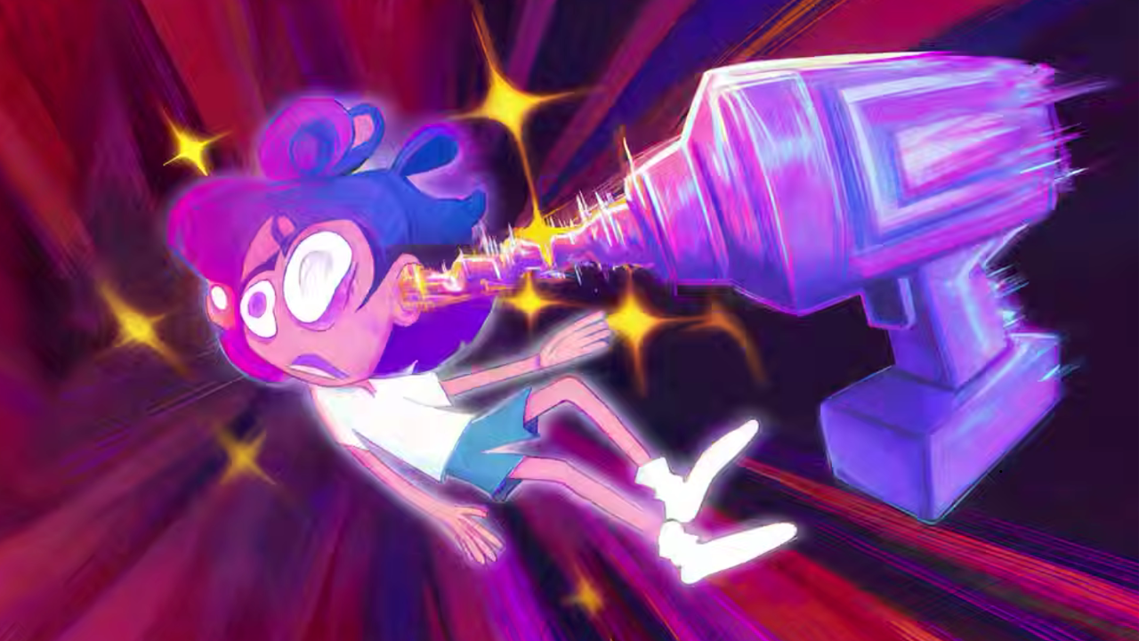 Cartoon of a young woman and a drill