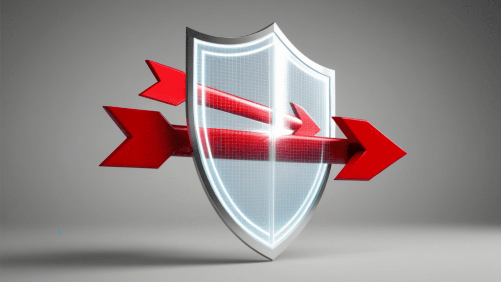 image of a shield with an arrow piercing through it and a second arrow deflected