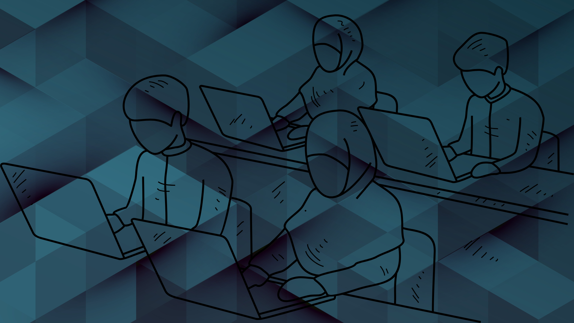 Blue background with silhouette of workers in an office