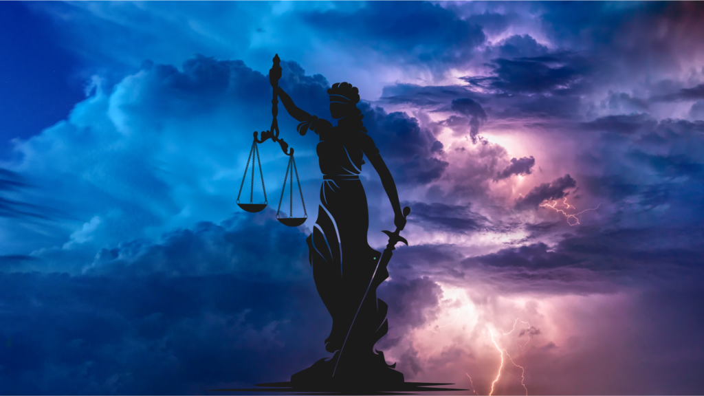 Illustration of lady justice against a raging storm