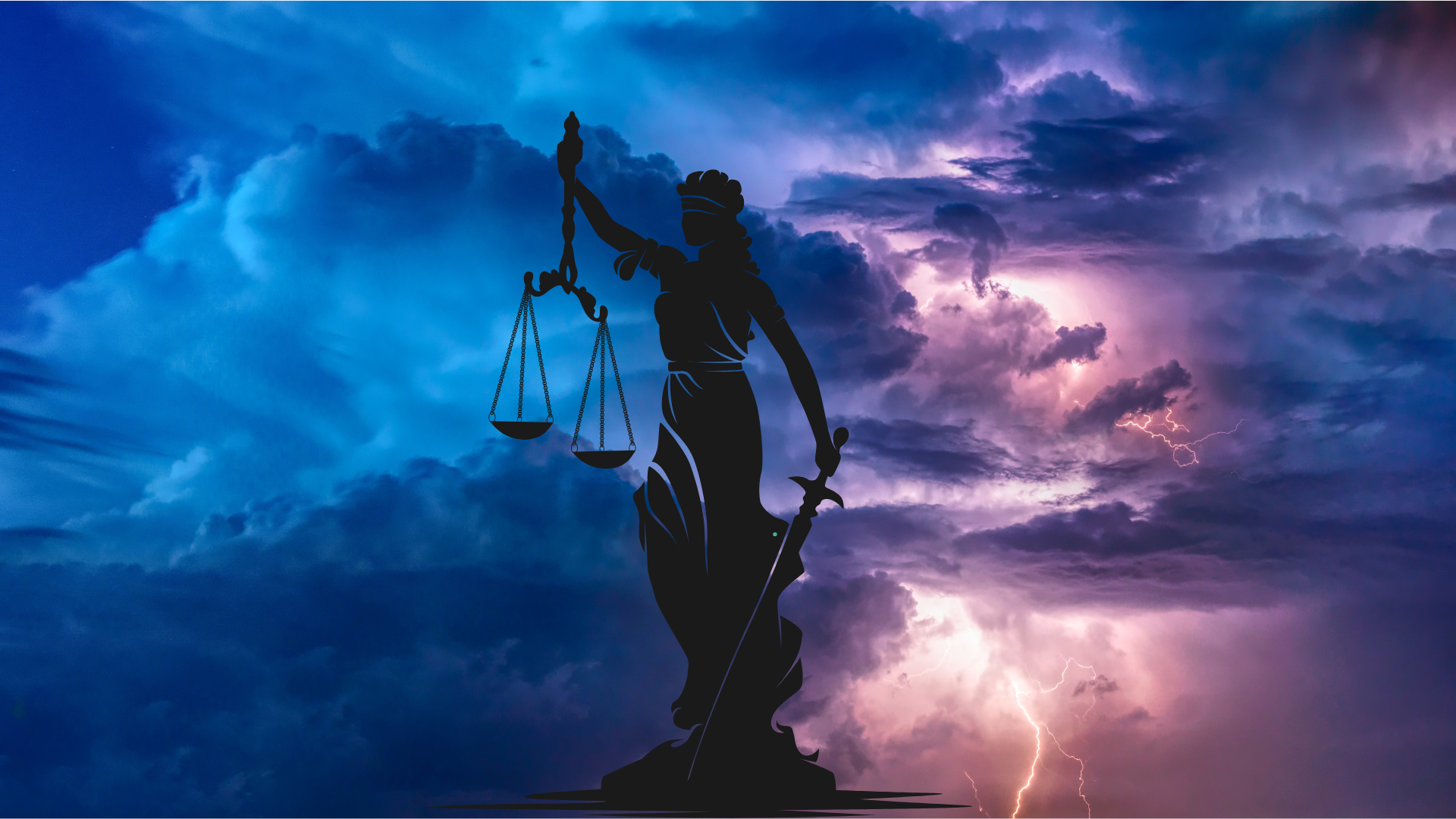 Illustration of lady justice against a raging storm