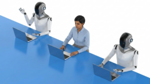 Illustration of two robot workers alongside a human worker