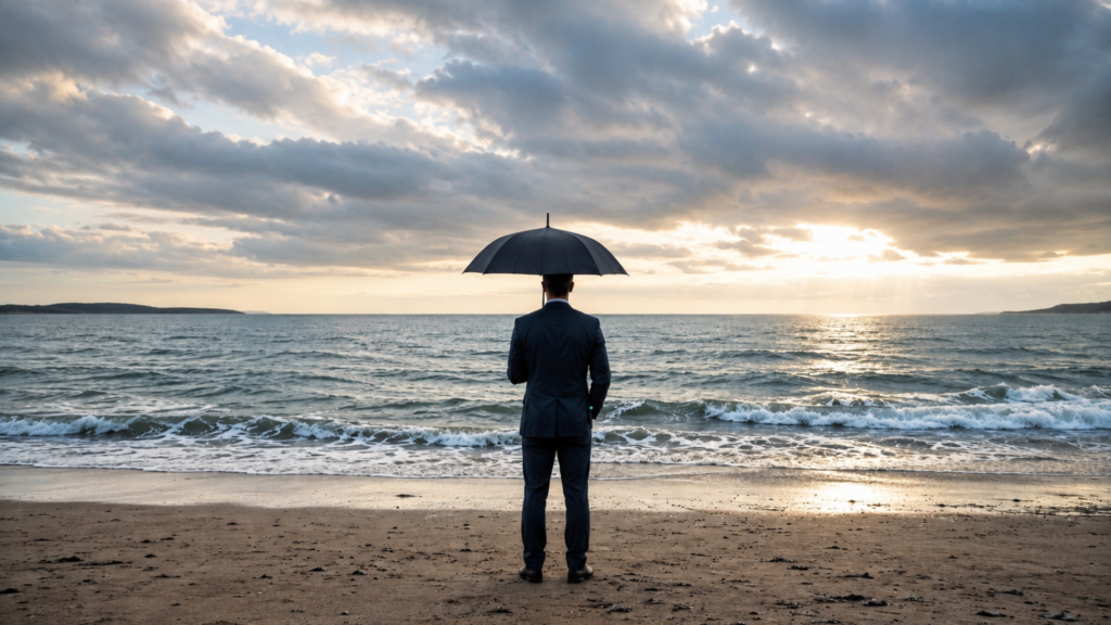 illustration of a man holding an umbrella at the beach