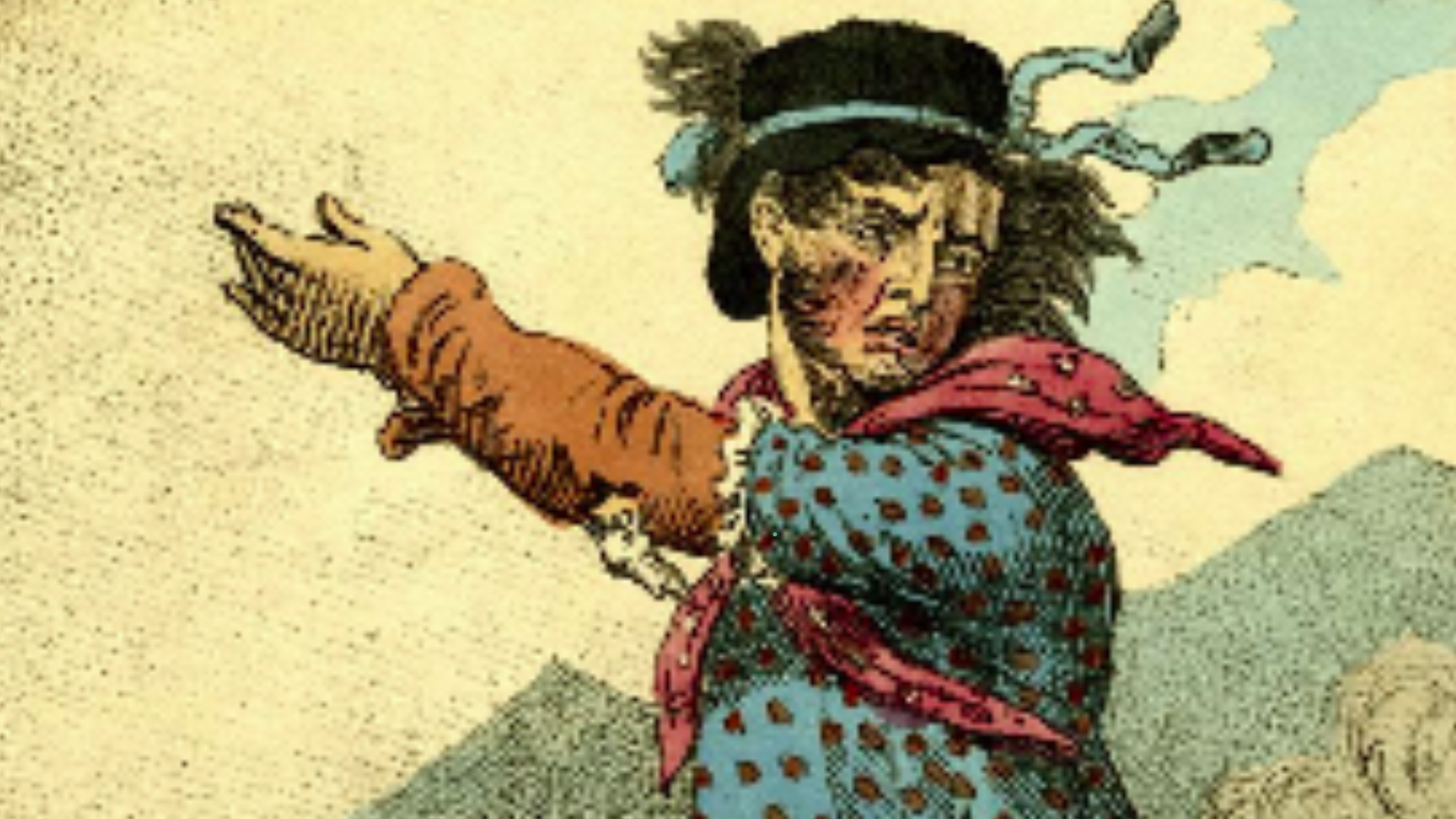 Satirical image of a male Luddite wearing women's clothing (May 1812)