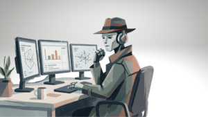 illustration of a robot in a trench coat sitting at a desk using a computer