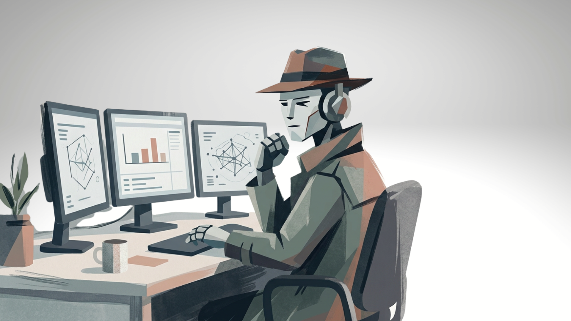 illustration of a robot in a trench coat sitting at a desk using a computer
