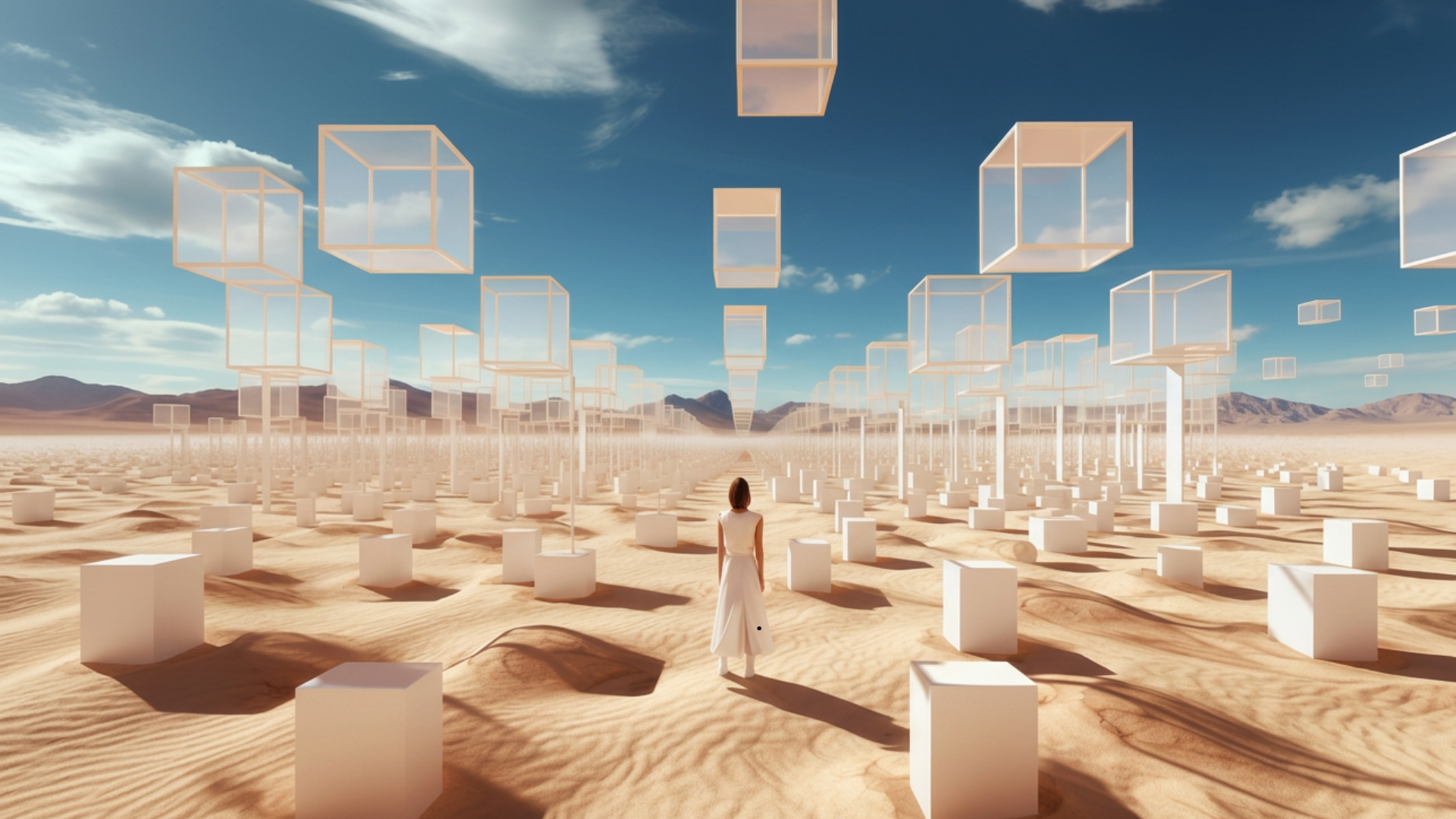image of boxes floating in the air while a human looks up