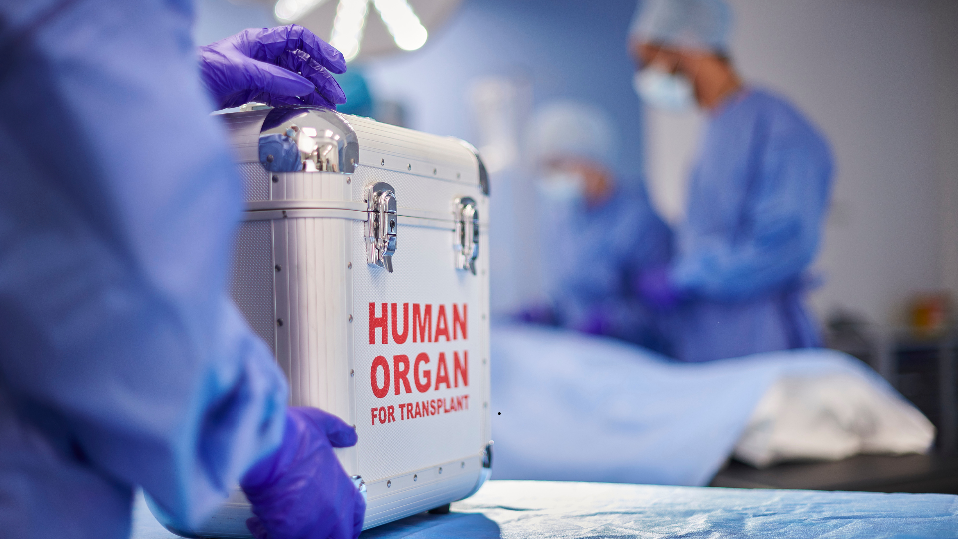 photo of a surgeon holding a steel suitcase with a human organ