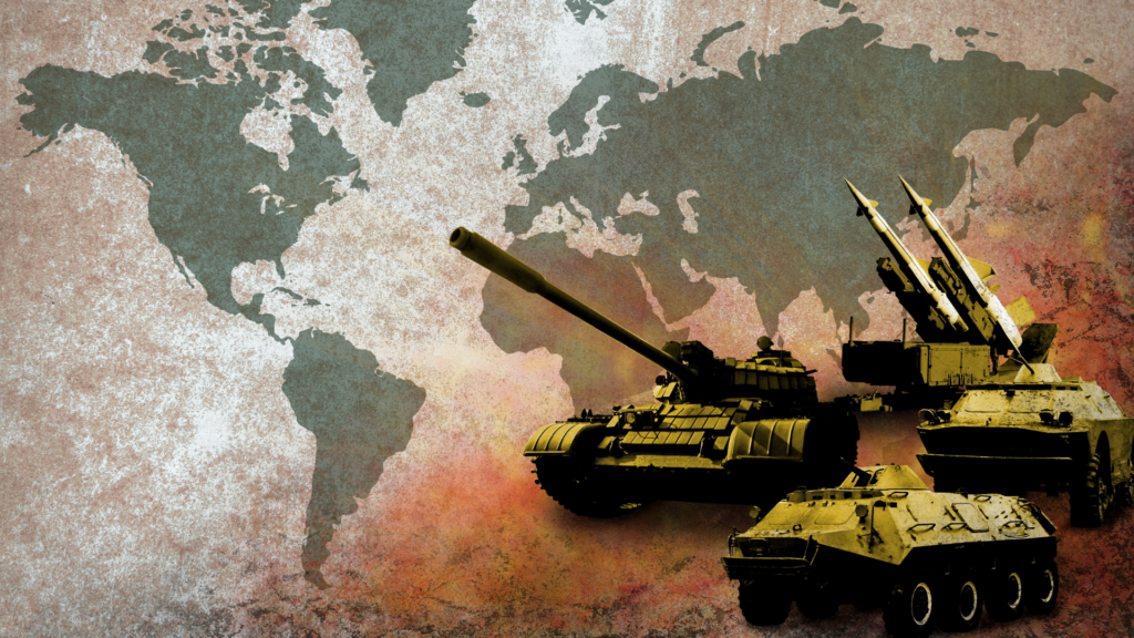 image of army tanks with a world map in the background