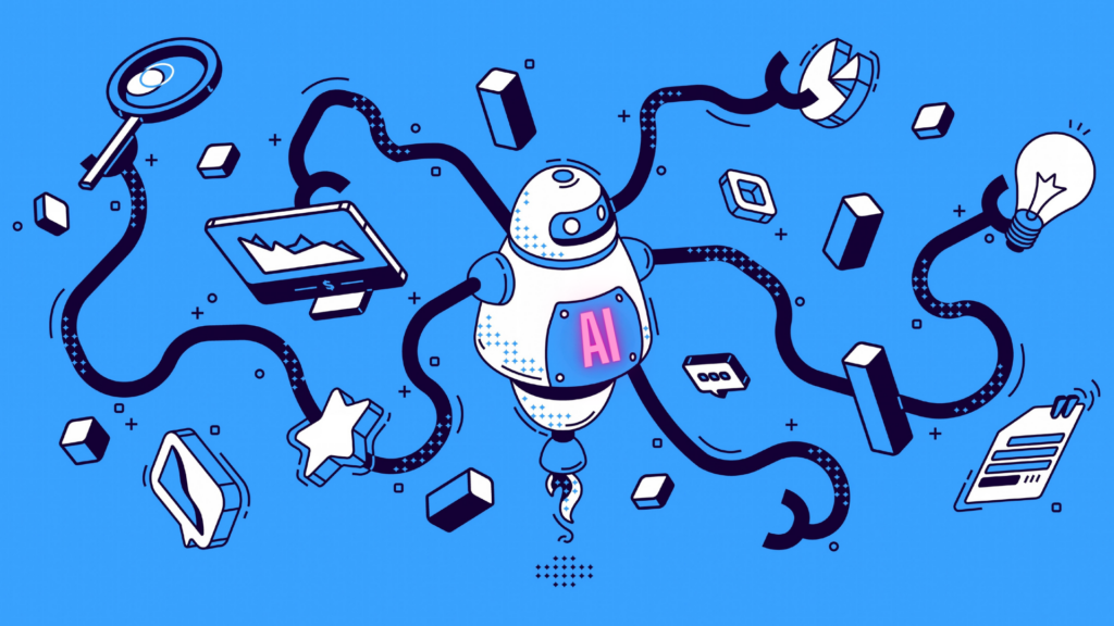 illustration of an AI agent with arms doing many tasks
