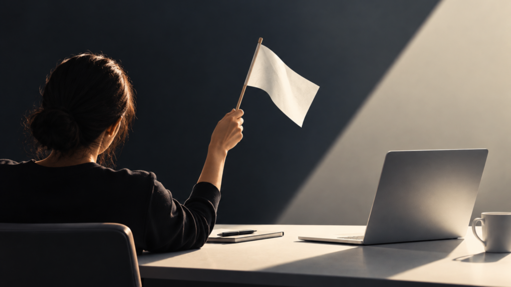woman holding white flag in front of a laptop