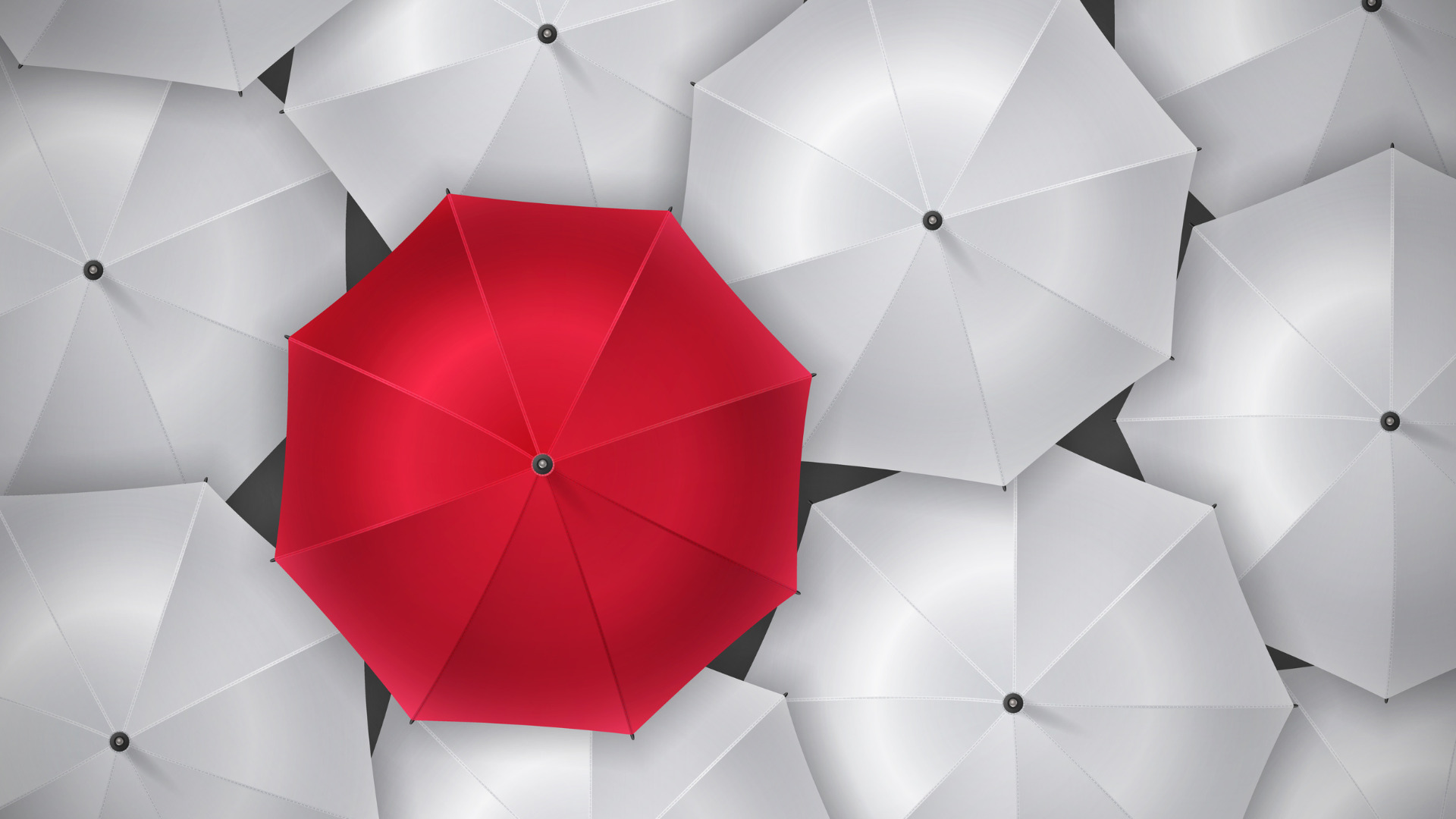 A red umbrella in a sea of white umbrellas, overhead view